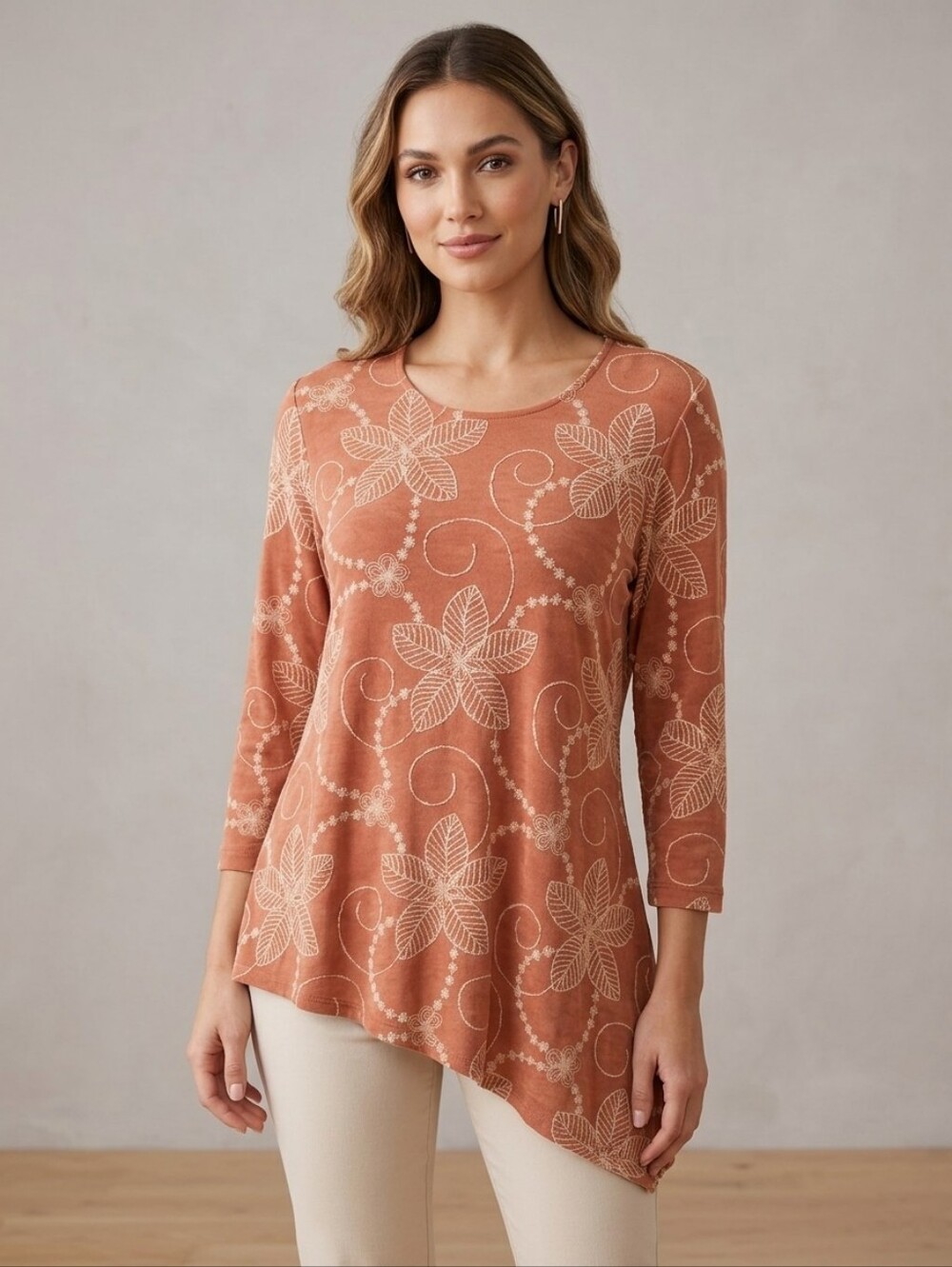 Women's Rust Floral Texture Fall Asymmetrical Swing Top Small
